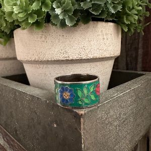 Vintage Thailand STERLING ENAMEL WIDE BAND FLORAL Bohemian RING